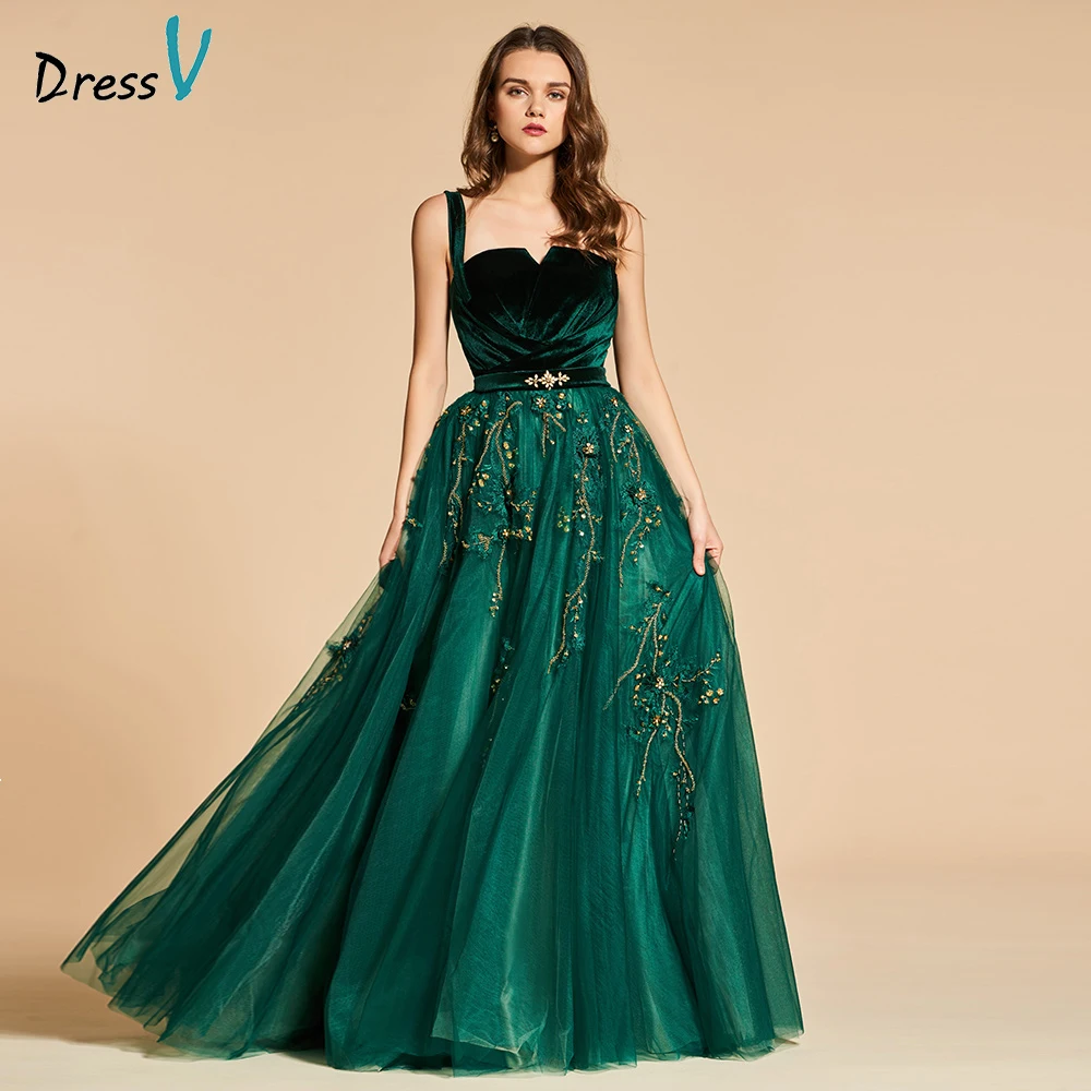 

Dressv green long evening dress elegant spaghetti strap beading zipper up wedding party formal dress lace evening dresses