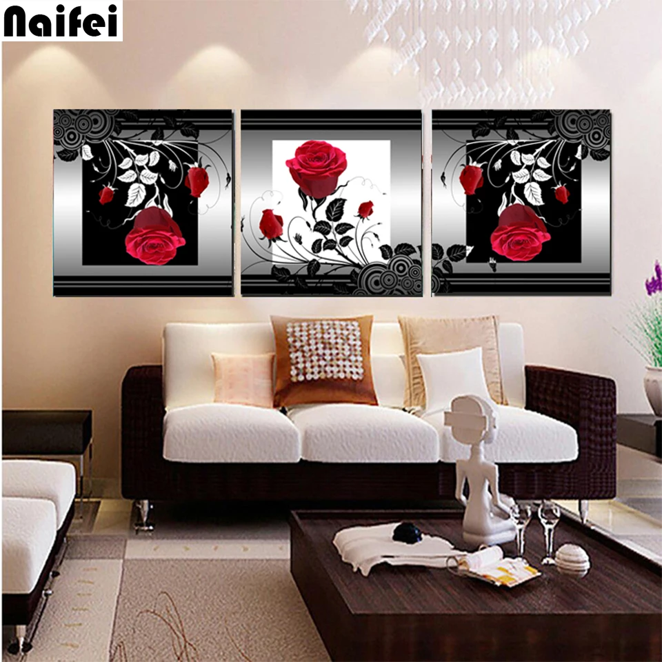 3 Panels red black rose 5D DIY Diamond Painting cross stitch mosaic full square/round diamond embroidery rhinestone painting | Дом и сад