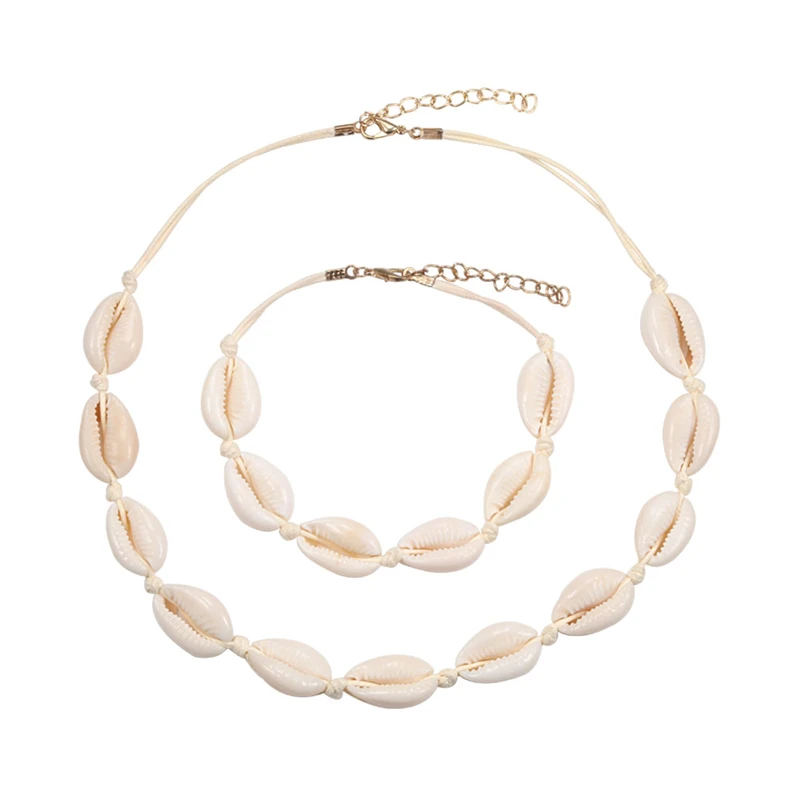 

2pcs/set Natural Shells Necklace Bracelet Cowrie Bracelets Anklet for Women Summer Boho Shell Choker Handmade Jewelry Adjustable