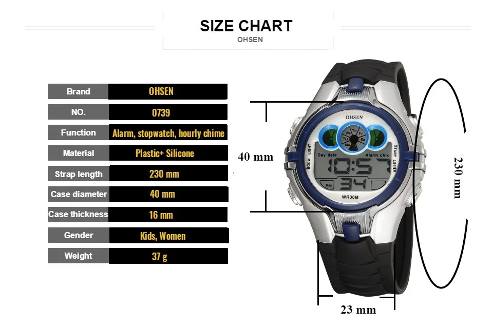 OHSEN Новая цифровая мальчиков детские спортивные часы будильник Дата День Хронограф 7 цветов светодио дный подсветкой 3ATM водонепроницаемые