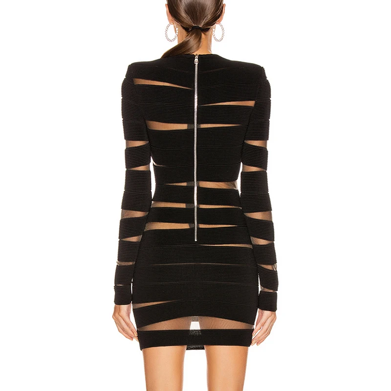 INDRESSME, новая коллекция, женские вечерние платья для клуба, черное сексуальное Сетчатое мини-платье с круглым вырезом и длинным рукавом