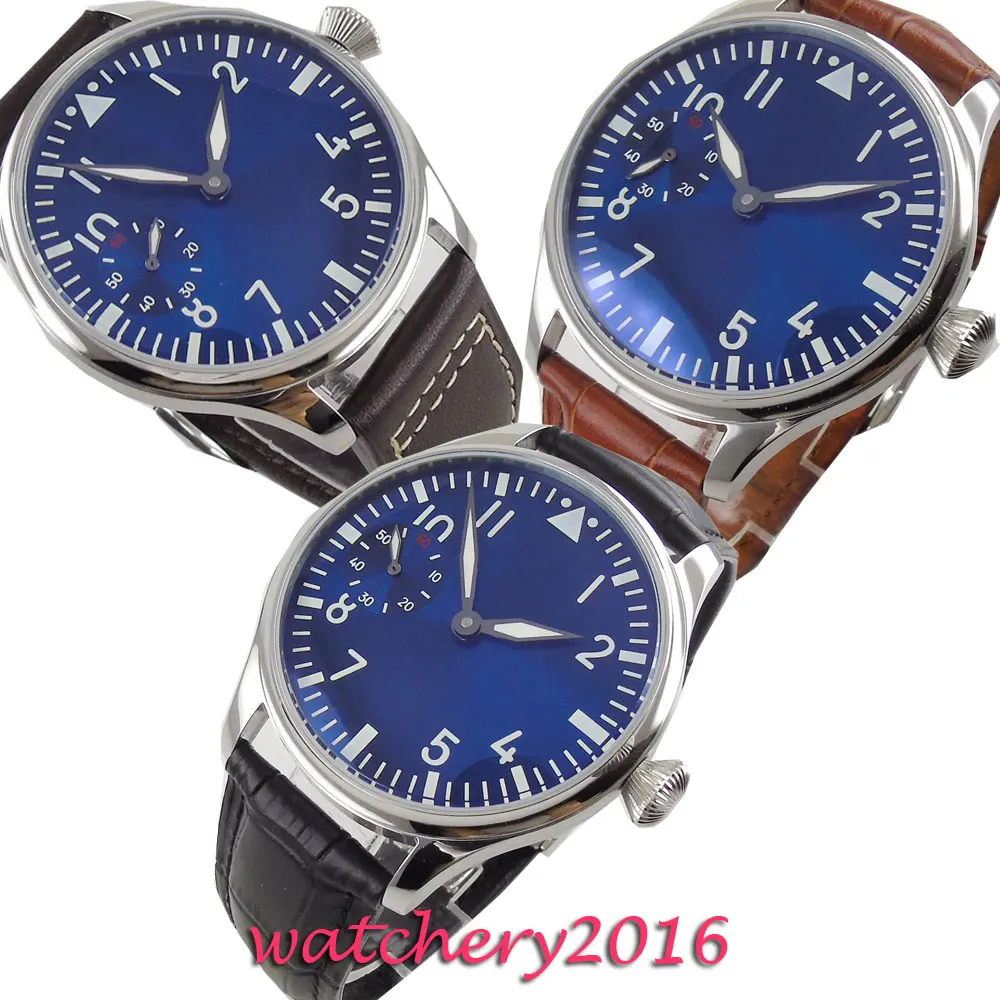 

44mm PARNIS blue dial luminous hand winding 6497 mechanical mens watch
