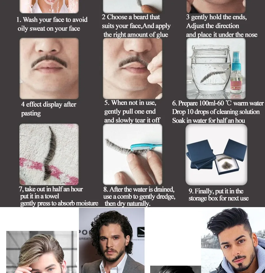 bigode brasileiro, cabelo remy, feito à mão,