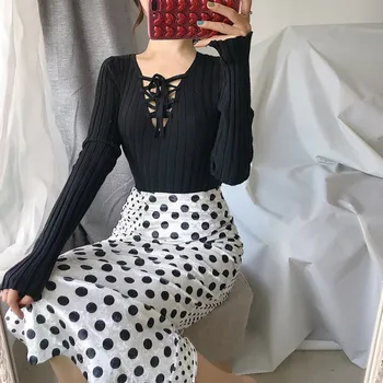 

Women Spring Slim Solid Color V Collar Loose Drawstring Knitwear Tops Bow Tie Long Sleeve Sweater