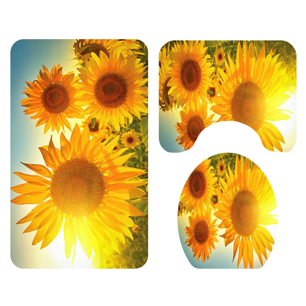 Zeegle Sun Flower Bath Mat Set Shower Curtain Set with Hooks Washable Toilet Foot Rug Lid Toilet Cover Mat Bathroom Entrance Mat - Цвет: SY201