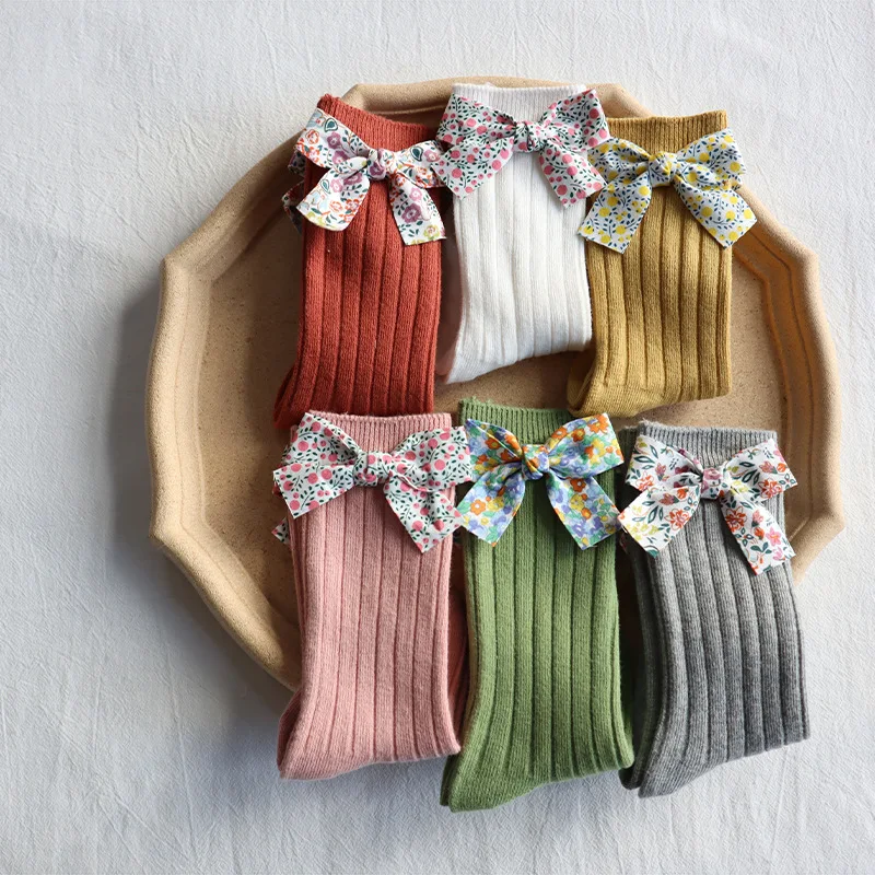 Toddlers Baby Girls Socks Floral Bows Knee High Long Sock Soft Cotton Stripe Children Socks Princess Style For 0-5 Years Kids