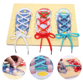 

Children Wooden Thread Lacing Shoes Board Tie Shoelaces Learning Education Toy Interactive games toys