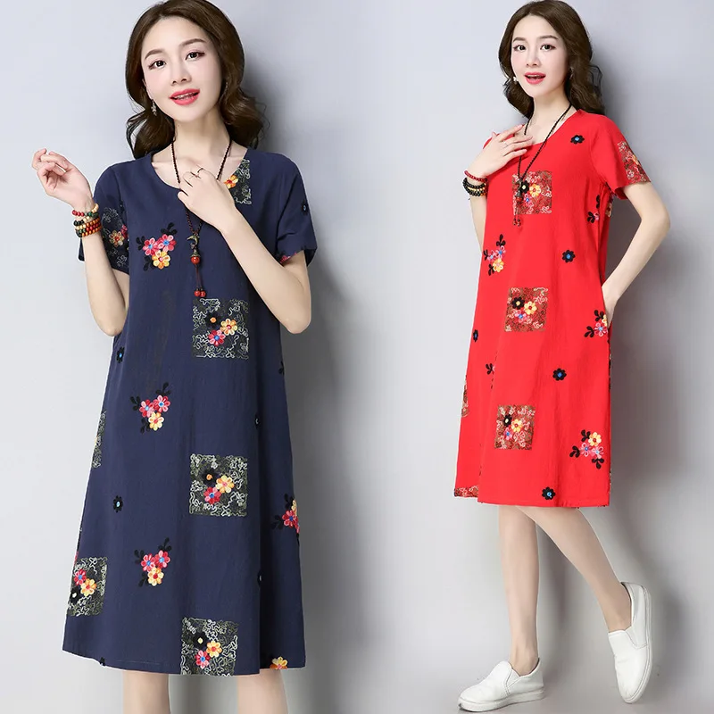 

2019 Hot Selling WOMEN'S Dress Summer Casual Dress Loose And Plus-sized Fat Mm Short Sleeve Mid-length Straight-Cut Skirt
