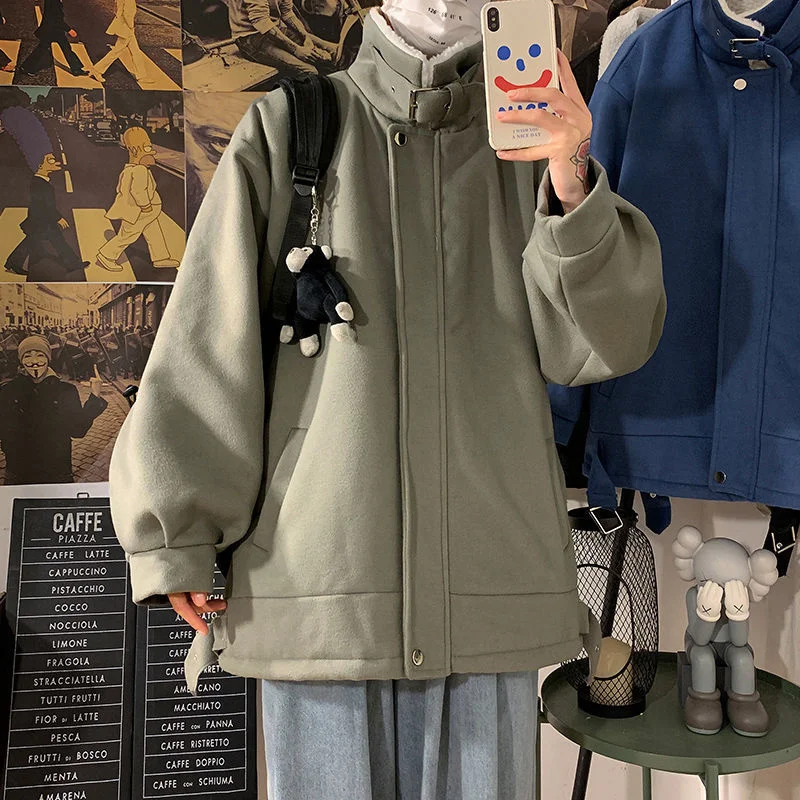 Hybskr Autumn Winter Wool Jackets Solid Color Lamb Fleece Thicken Warm Men's Parkas Fashion Casual Loose Male Coats | Мужская одежда