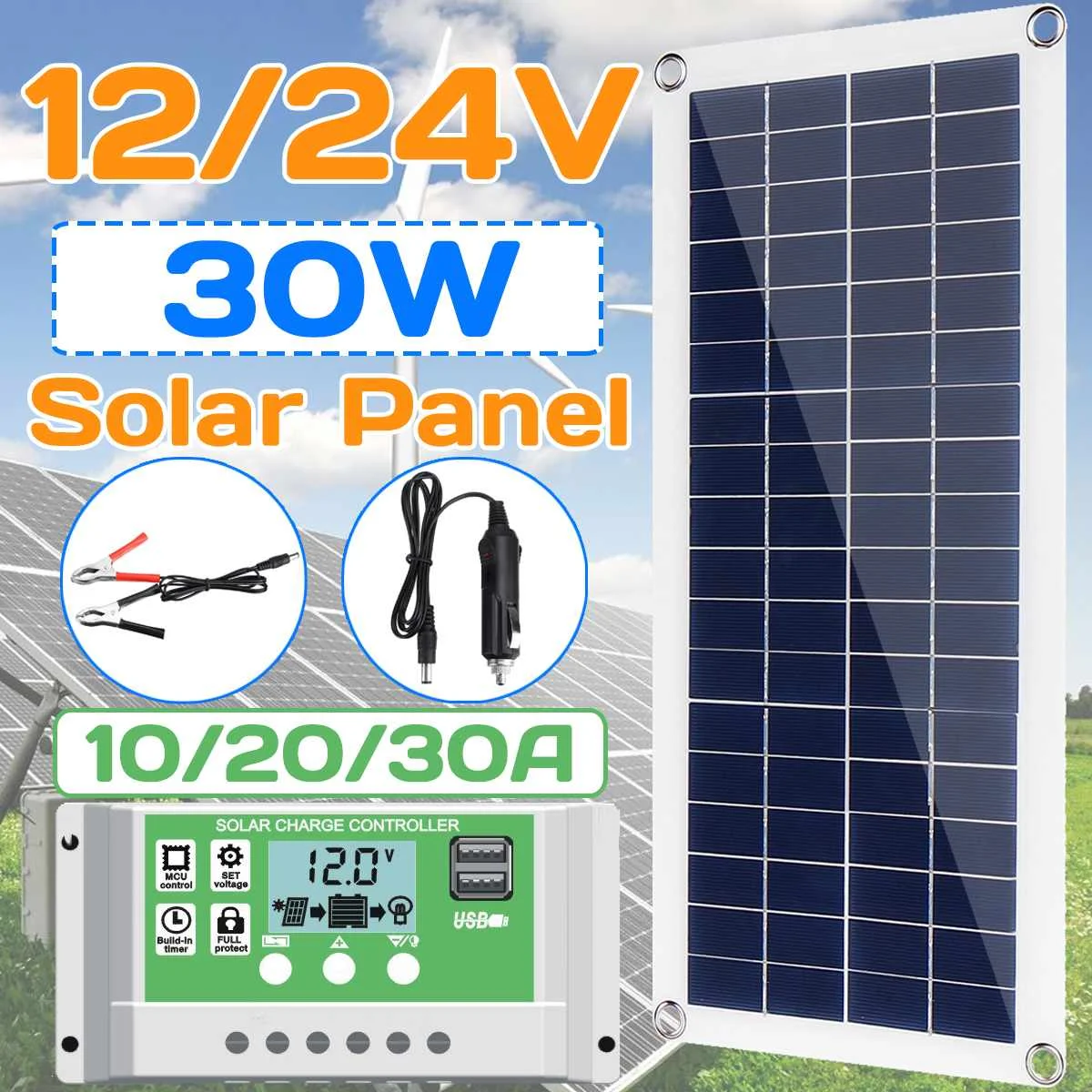

30W 12V Solar Panel Dual USB Output Solar Cells Poly Solar Panel 10/20/30A Controller for Car Yacht Battery Boat Charger