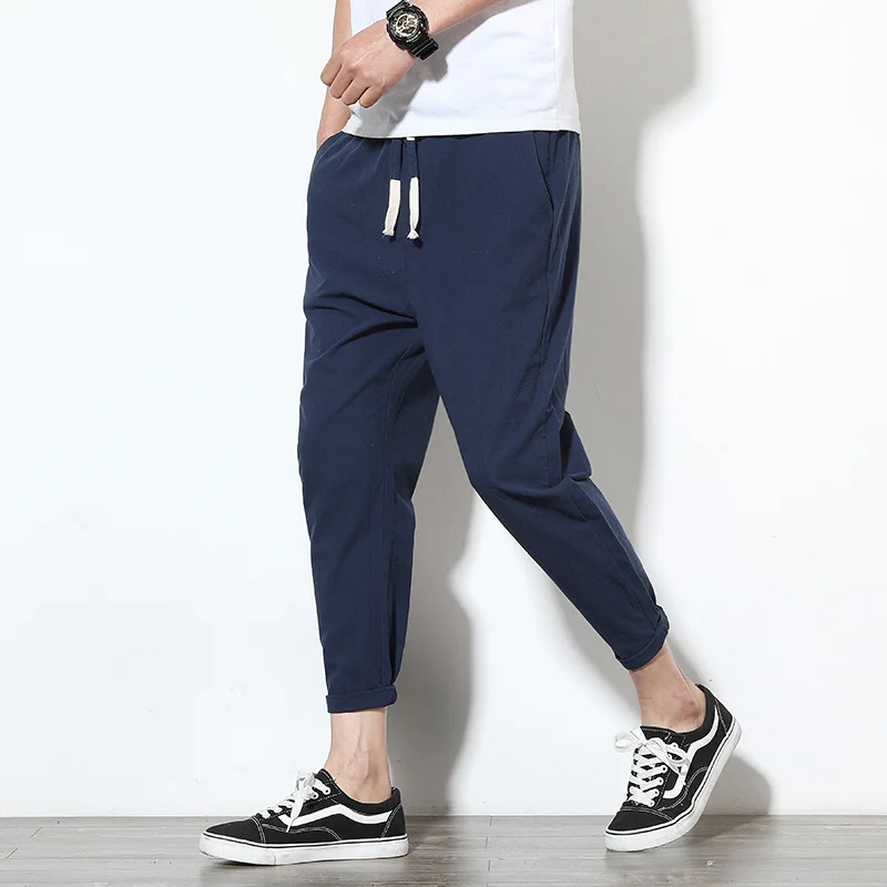 

Summer Hot Selling Men Capri Pants Pure Cotton AliExpress Large Size Solid Color Drawstring Breathable Casual Pants Men's