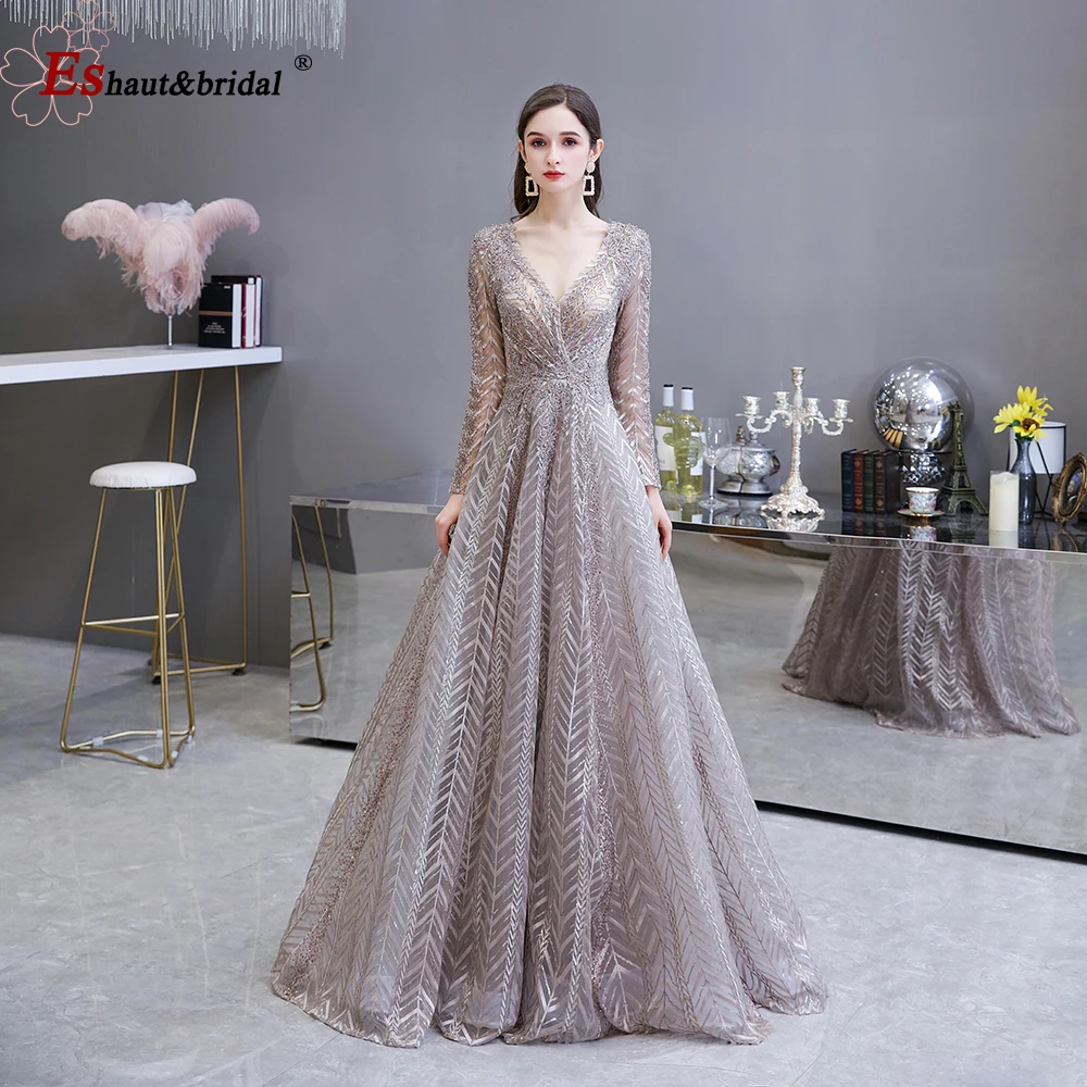Luxury Evening Dress Long Sleeves VNeck Full Lace Pleated