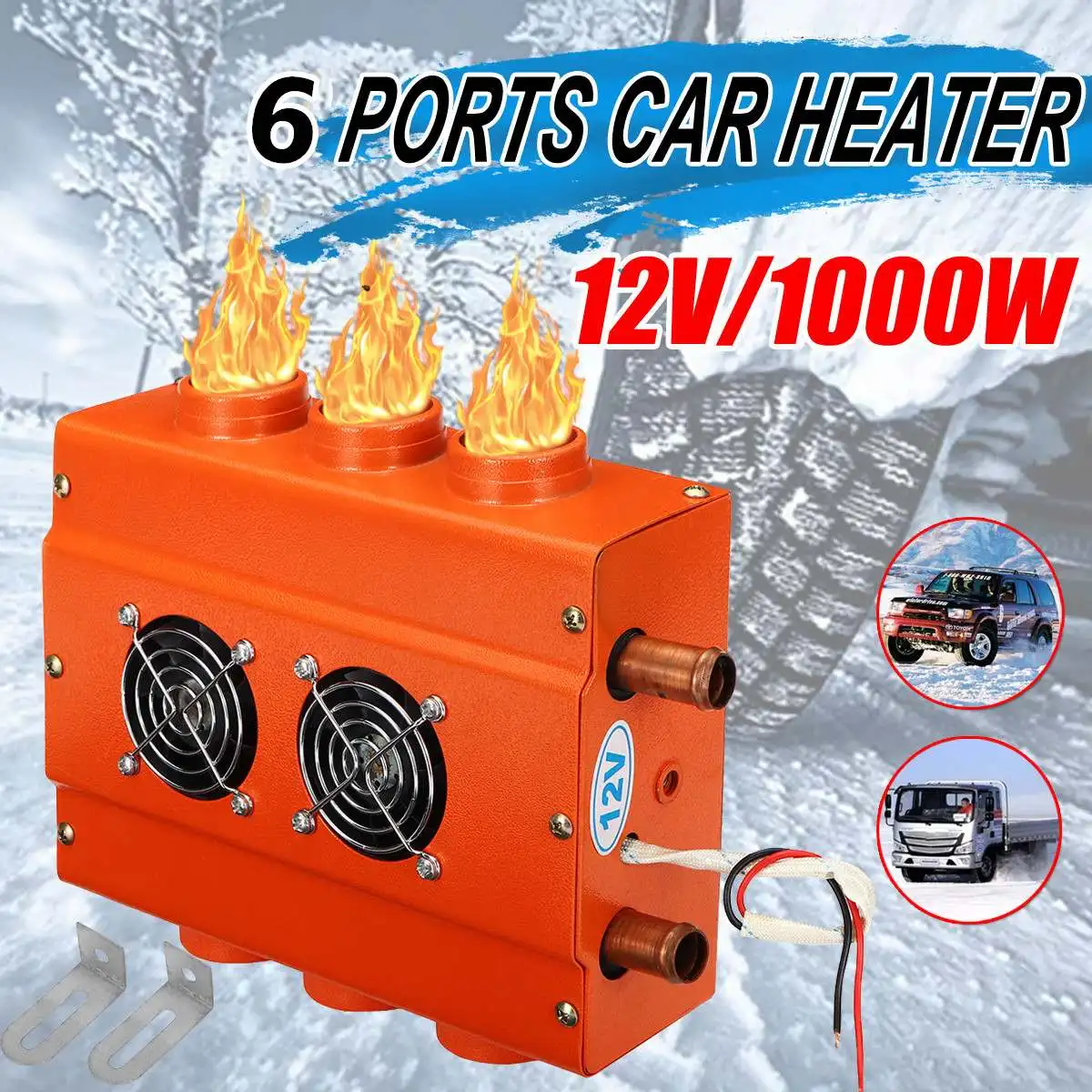 

Universal Underdash Heater Car Heater 12V 1000W 6 Ports Water Heating Air Conditioning Evaporator with 2 Fans Interior Accessory