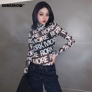 

XUANSHOW 2020 Bodysuit Women Black Mesh Sexy Long Sleeve Turtleneck Letters Print Transparent Mesh Bodysuits Women Clothes Tops