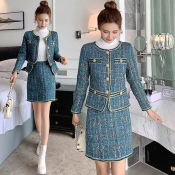 

2019 autumn and winter new small fragrance coat short round neck knitted tweed western style fashion suit
