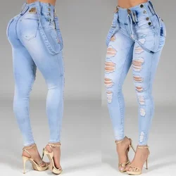 Fakuntn calças de brim femininas cintura alta reta magro elástico calças streetwear senhoras buraco lavado bandagem denim lápis calças
