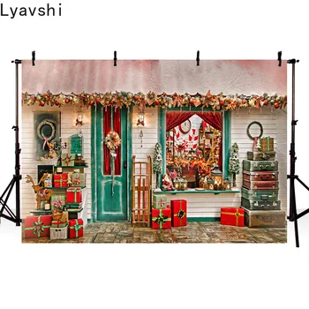 

Lyavshi Christmas Store Backdrops Red Gift Decorations Shop Wooden House Photography Backgrounds for Photo Studio