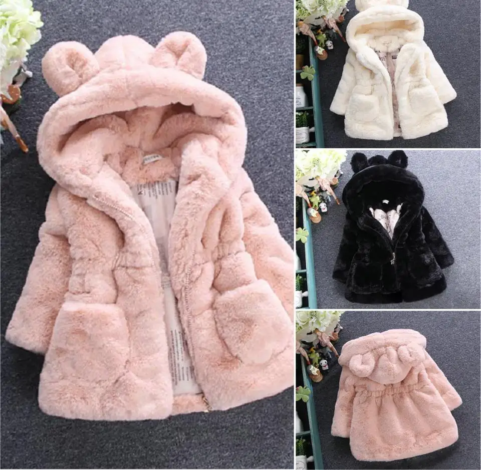 Winter 1-8Yrs Children Girls 3D Rabbit Ear Hooded Warm Coat Clothes Kids Long Sleeve Outerwear Baby Jackets Outfits | Детская одежда и