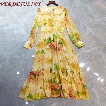 

VERDEJULIAY Runway Designer Floral Print Yellow Vintage Dresses Trumpet Women 2020 Spring High Quality Silk Ruffled Midi Dress