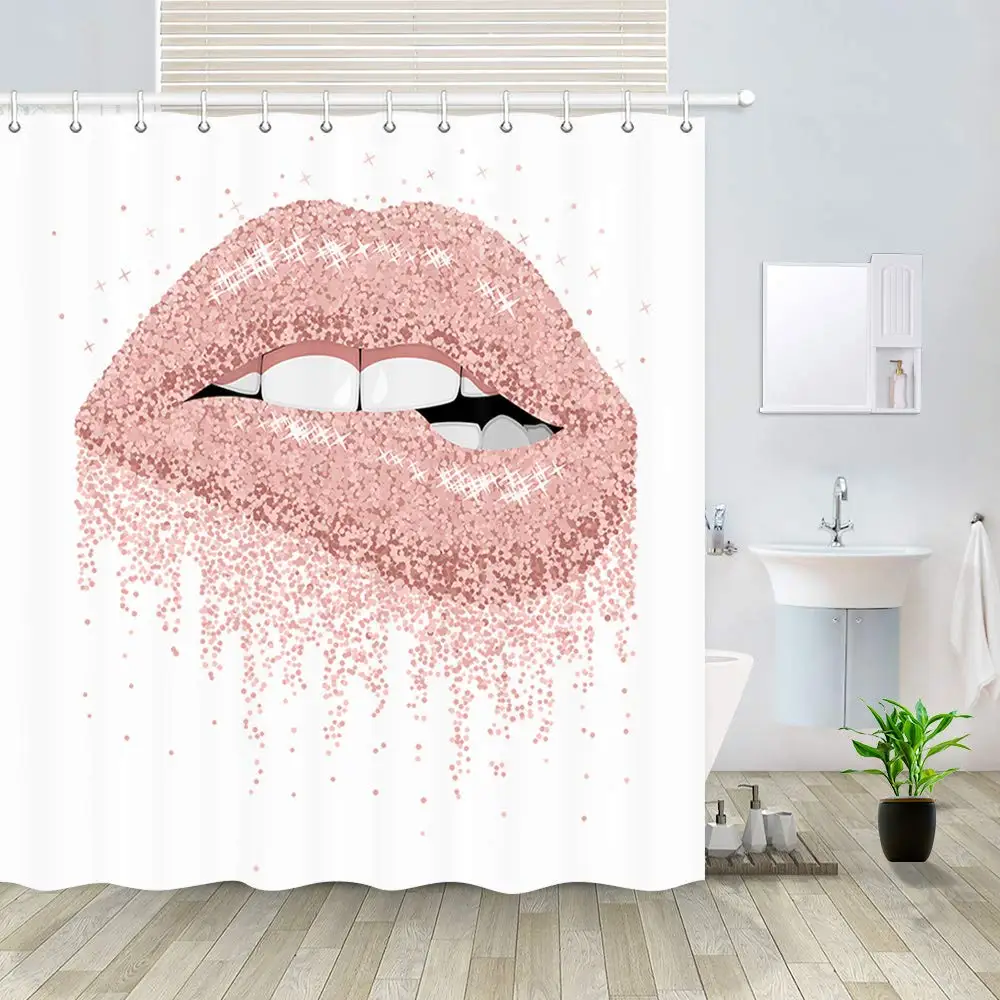 Woman Lips Shower Curtain for Bathroom Female Pink Lips French Kiss in  Young Couple Apartment Decor