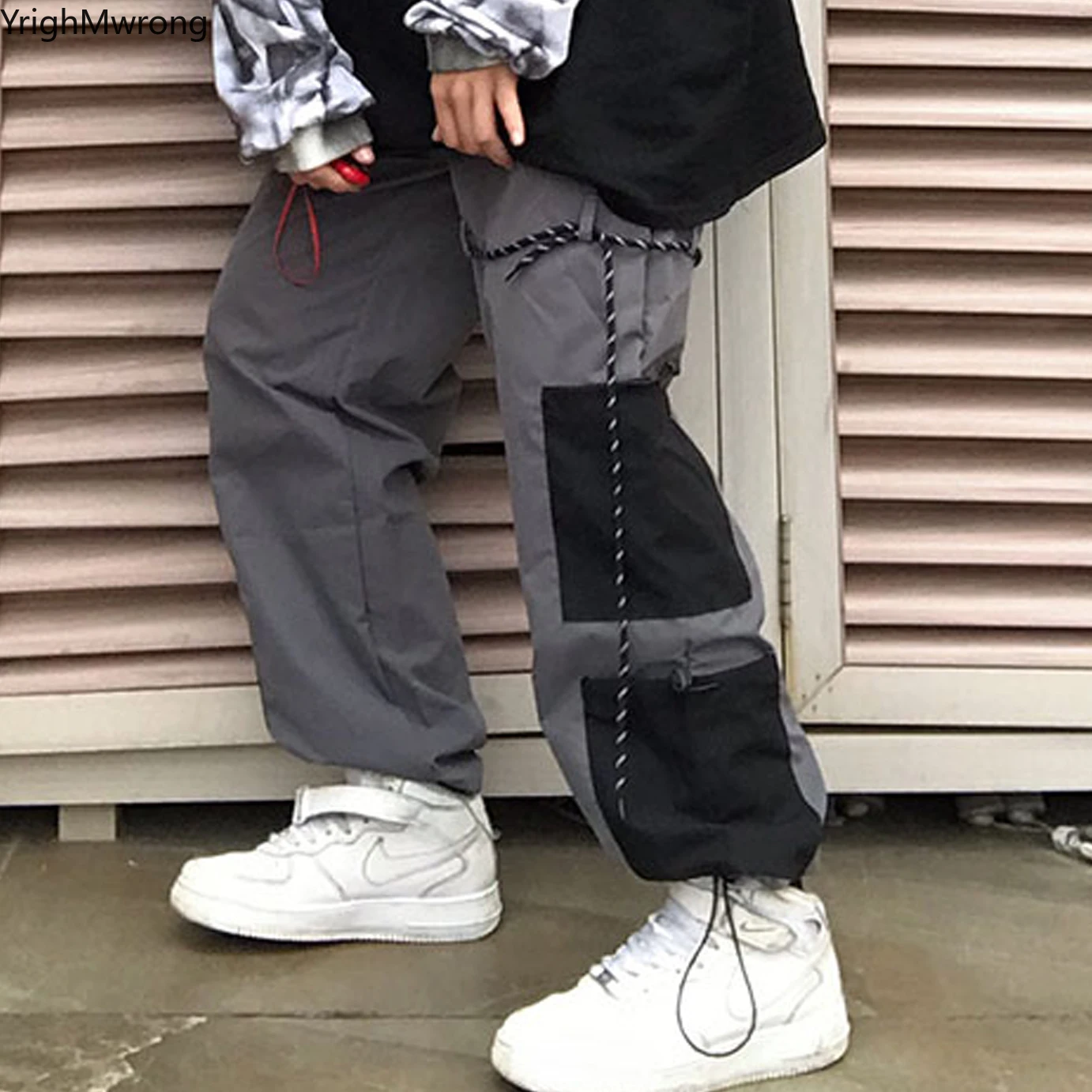 

Plus Size Oversized Loose String Ribbon Block Pocket Harem Punk Cargo Windbreaker Jogger Pant Streetwear Korean Harajuku Trouser