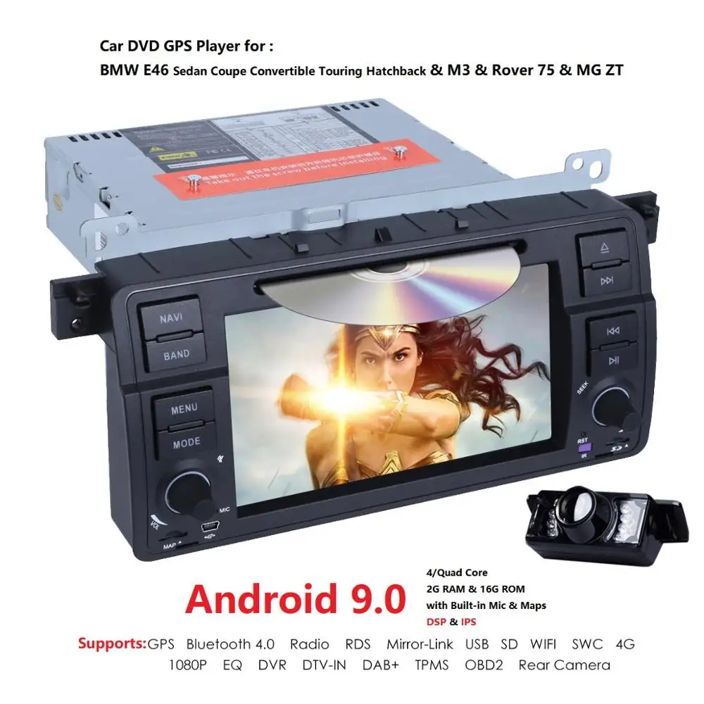 2G+ 16G 7-дюймовый четырехъядерный Android9.0 2DIN автомобильный dvd-монитор радио для BMW E46 Аудио Видео DVBT, Wi-Fi, 4G, USB, SD, cam-в OBD2 SWC DVR DAB