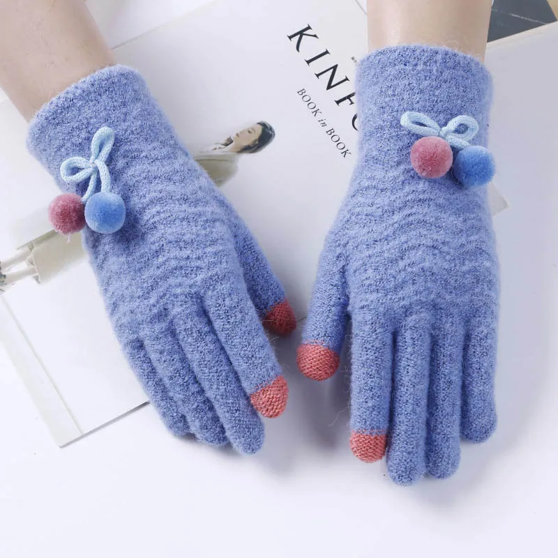 style 1 blue Зимние теплые женские перчатки с помпоном, вязаные перчатки с сенсорным экраном, тянущаяся шерсть, полные митенки для пальцев, женские, мужские вязаные перчатки - Цвет: style 1 blue