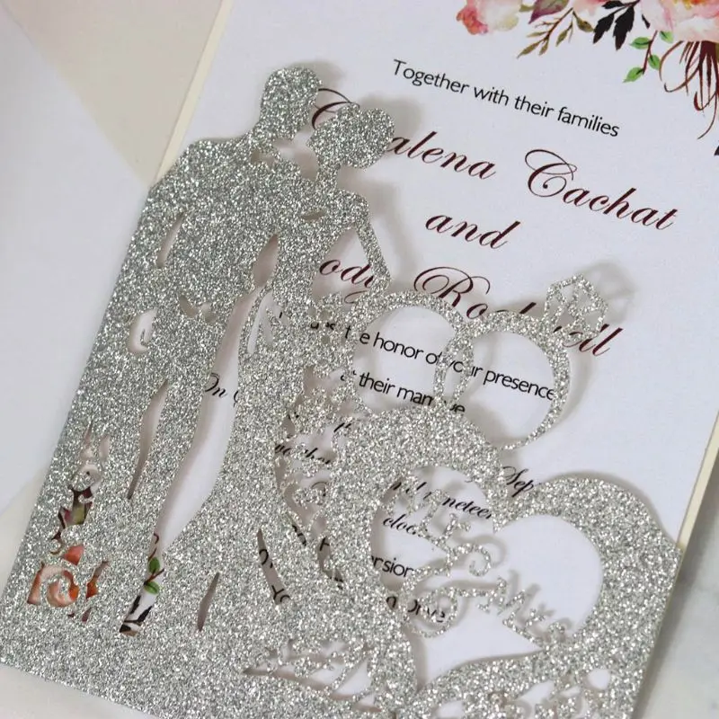  10pcs/set Glitter Laser Cut Ring Wedding Invitations Card Wedding Party Supplies - 4.00031E+12