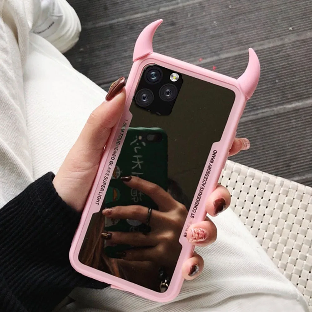 

Luxury Clear Mirror Phone Case for IPhone 11 Pro Fundas X XR XS MAX Case Cute 3D Devil Horn Coque for IPhone 8 7 6 6s Back Cover