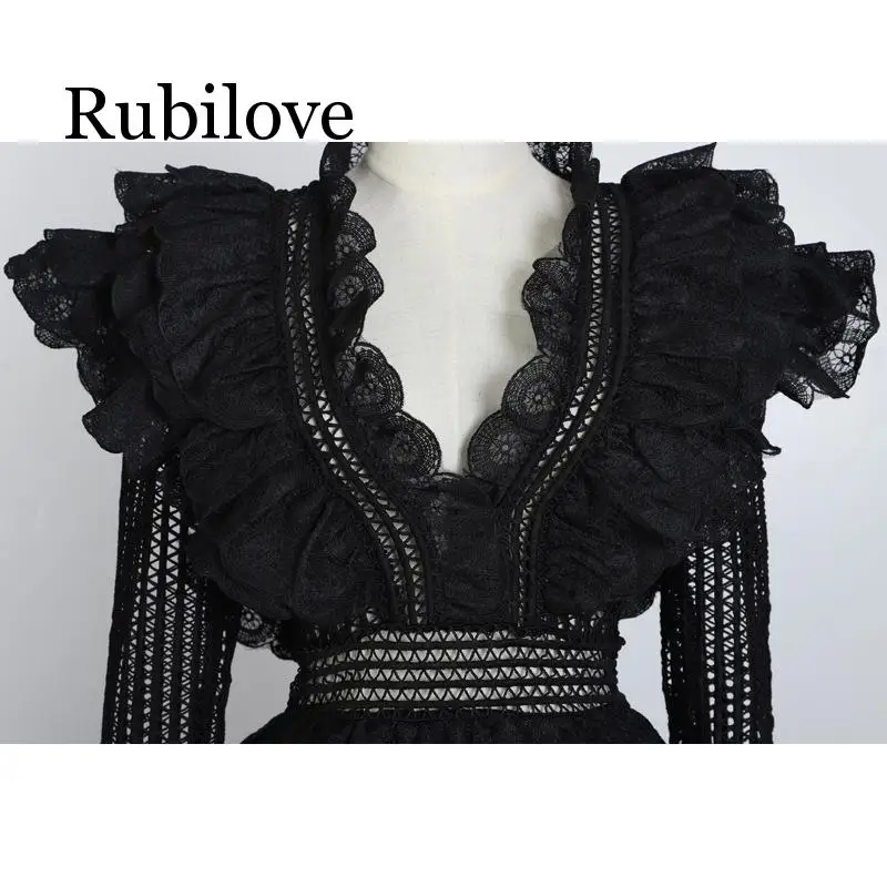 Rubilove Женская подиумная модная открытая блузка с v-образным вырезом Женская белая блузка с длинным рукавом Топ белая OL Весенняя офисная кружевная блузка