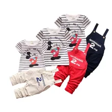 Одежда для маленьких мальчиков г. Одежда для новорожденных футболка в полоску с короткими рукавами с Микки Маусом+ комбинезон длинные штаны Одежда для маленьких девочек