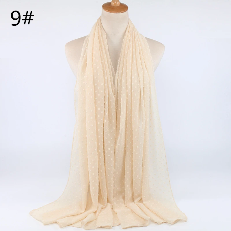 Beige Новые шифоновые хиджабы-шарфы в горошек с флокированными пузырьками для мусульманских женщин, одноцветные дышащие исламские шарфы на голову - Цвет: Beige
