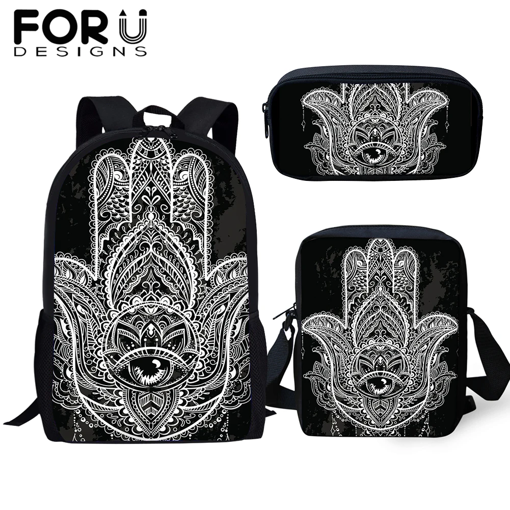 

FORUDESIGNS 3Pcs/Set School Bag for Girls Hamsa Hand Backpack Teenager Student Eye of Fatima Bookbag Daypack Stationery Storage