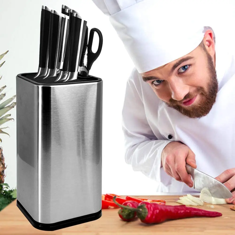 Universal knife block, knife holder for kitchen counter, stainless-steel modern rectangular design with scissors-slots