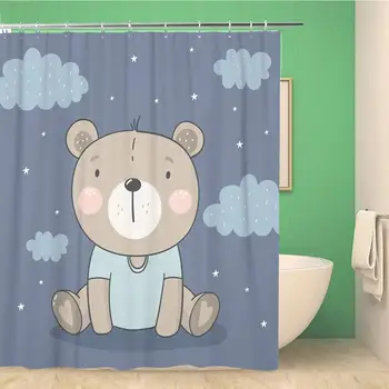

Bathroom Shower Curtain Teddy Cute Bear Baby Cartoon Adorable Animal Beautiful Boy Waterproof Bath Curtain Set with Hooks