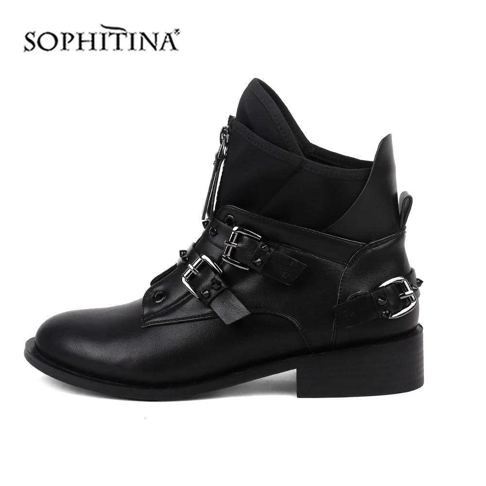 SOPHITINA/модные ботинки с пряжкой; удобная обувь на квадратном каблуке с круглым носком и металлическим украшением; женские ботильоны; BY135