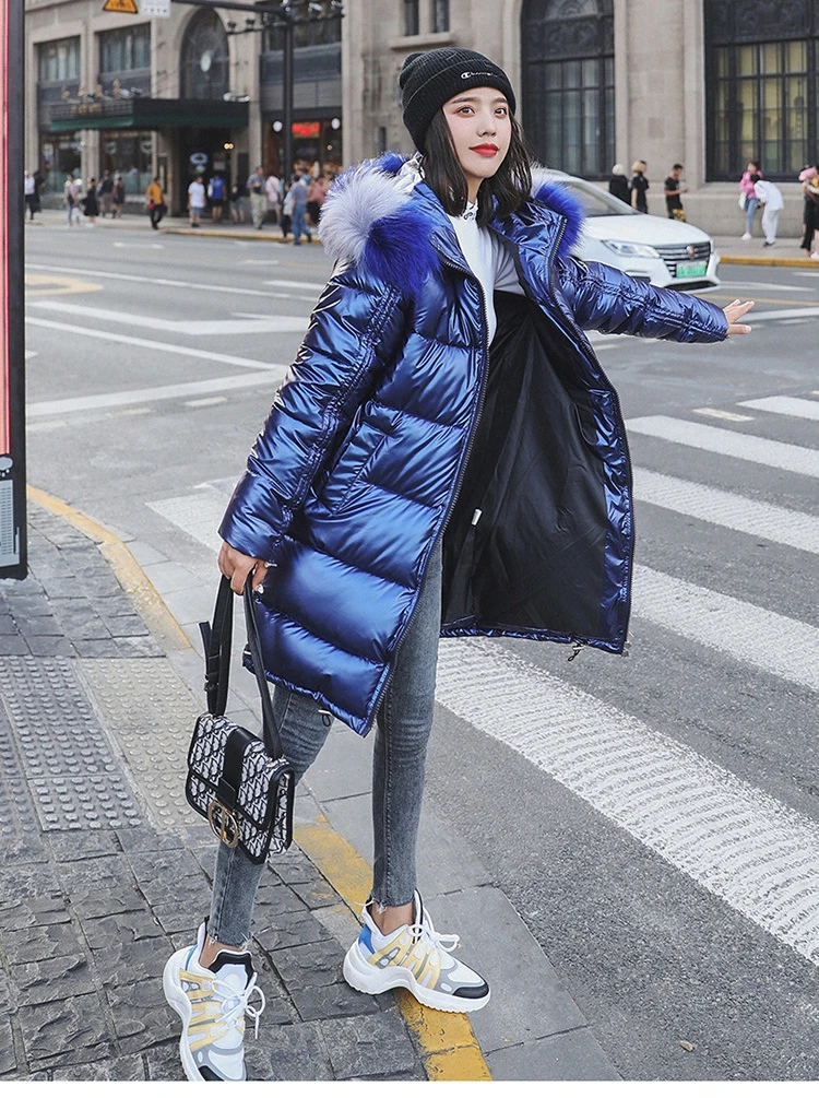 FICUSRONG Fashion Medium Long Glossy Down Parka Womens Winter Jackets Coats Warm Thicken Shining Babric Stylish Fur Ladies Coats