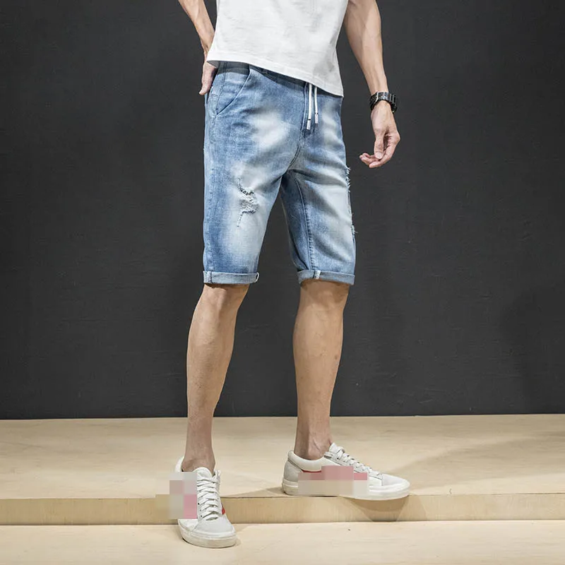 Summer Men Clothing Rippded Hole Solid Straight Casual Denim Shorts Men's Jeans Short Male Breathable Stretch Men's Short Pants Summer Men Clothing Rippded Hole Solid Straight Casual Denim Shorts Men's Jeans Short Male Breathable Stretch Men's Short Pants