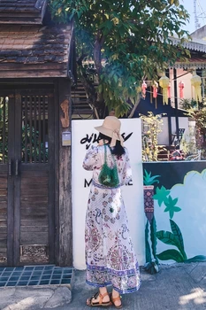 

2020 New Thailand Holiday Bohemian Vintage Floral print Beach Style Sun protection Long Women Maxi Dress
