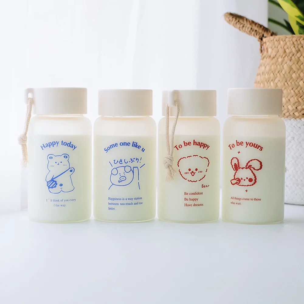 

New Frosted Net Red Ins Wind Glass bottle Portable Cute Girl Student Water Bottle Simple And Fresh Hand Bottle cap