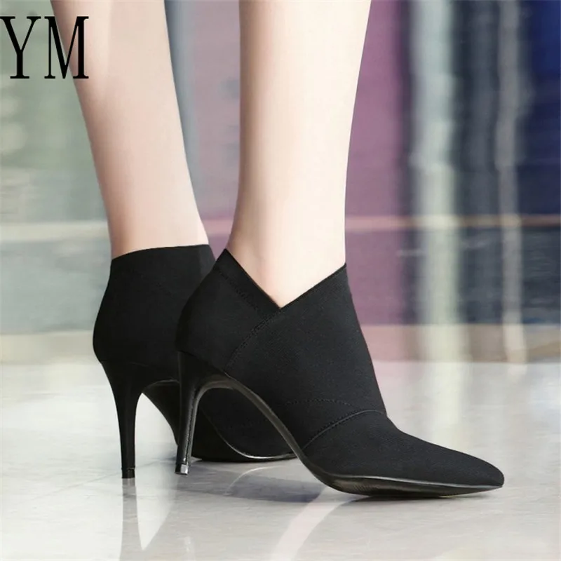 Grey Fashion Women High Heel Booties Large Size 34-41 Female High-Heeled Boots Young Ladies Booties 8.5cm Heel Cloth Boots