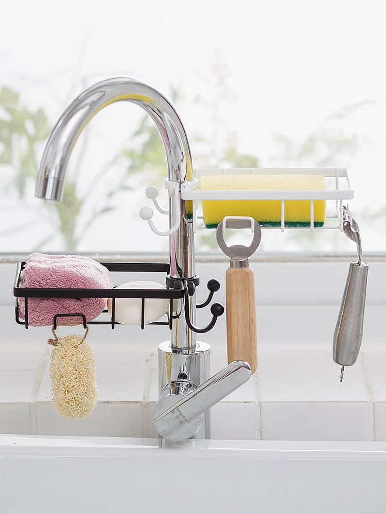 Wrought iron frame kitchen faucet organising rack pool dishcloth drop from punching sink storage shelf