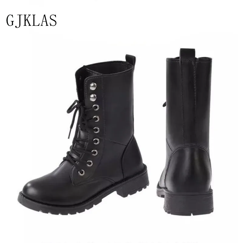 

Black Women Shoes Boots Ankle Autumn Spring Size 42 Flat Casual Leather Shoes Bottine Cow Boy Femme Fashion Punk Lace Up Booties