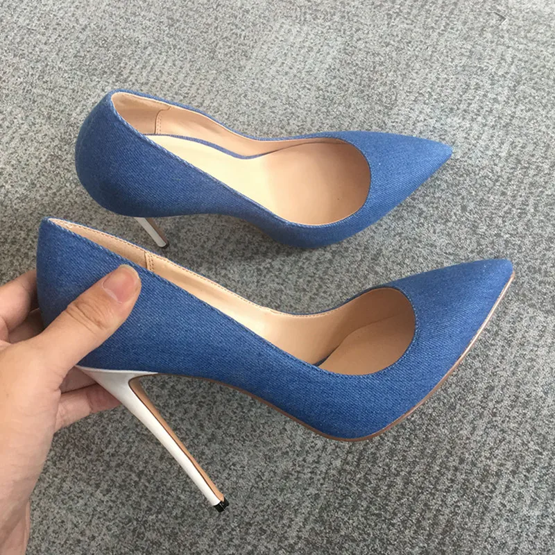Mango embellished denim kitten heels in blue | ASOS