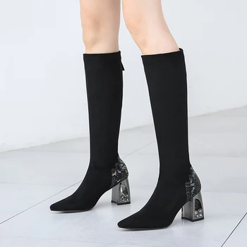 

patchwork leather Women Knee High Boots high heels Long Boots 2020 Autumn Winter Warm Female Party wedding Shoes Woman Boots