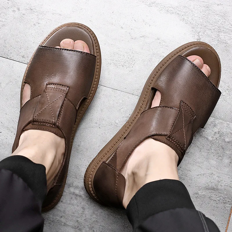 Business Casual shoes Summer High Quality Genuine Leather Mens beach Sandals British Breathable Outer Wear Rome Sandals male