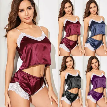 

Summer Women Lace Satin Silk Lingerie Tops Shorts Set Ladies Causal Sleepwear Nightwear Elegant Sexy