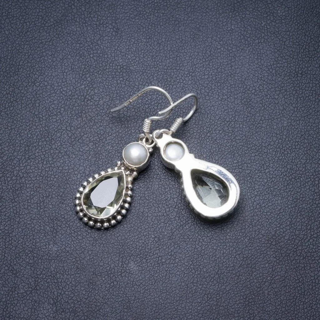 

Natural Green Amethyst and River Pearl Handmade Unique 925 Sterling Silver Earrings 1 1/2" Y2327