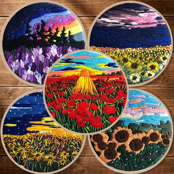 

11 types DIY Handmade Embroidery Full Range Of Embroidery Starter Kit With Pattern Cross Stitch Kit With Bamboo Embroidery Hoop
