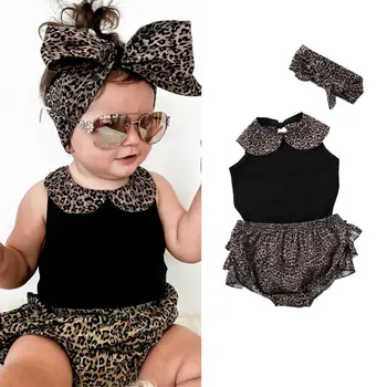 

3Pcs Newborn Infant Baby Girl Clothes Sets 0-24M Romper Top Leopard Shorts Headband Outfit Clothes Summer